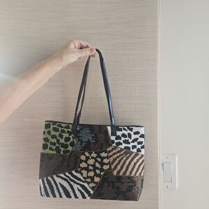 Elegant Patchwork Tote Bag - Black, Brown, Green, White